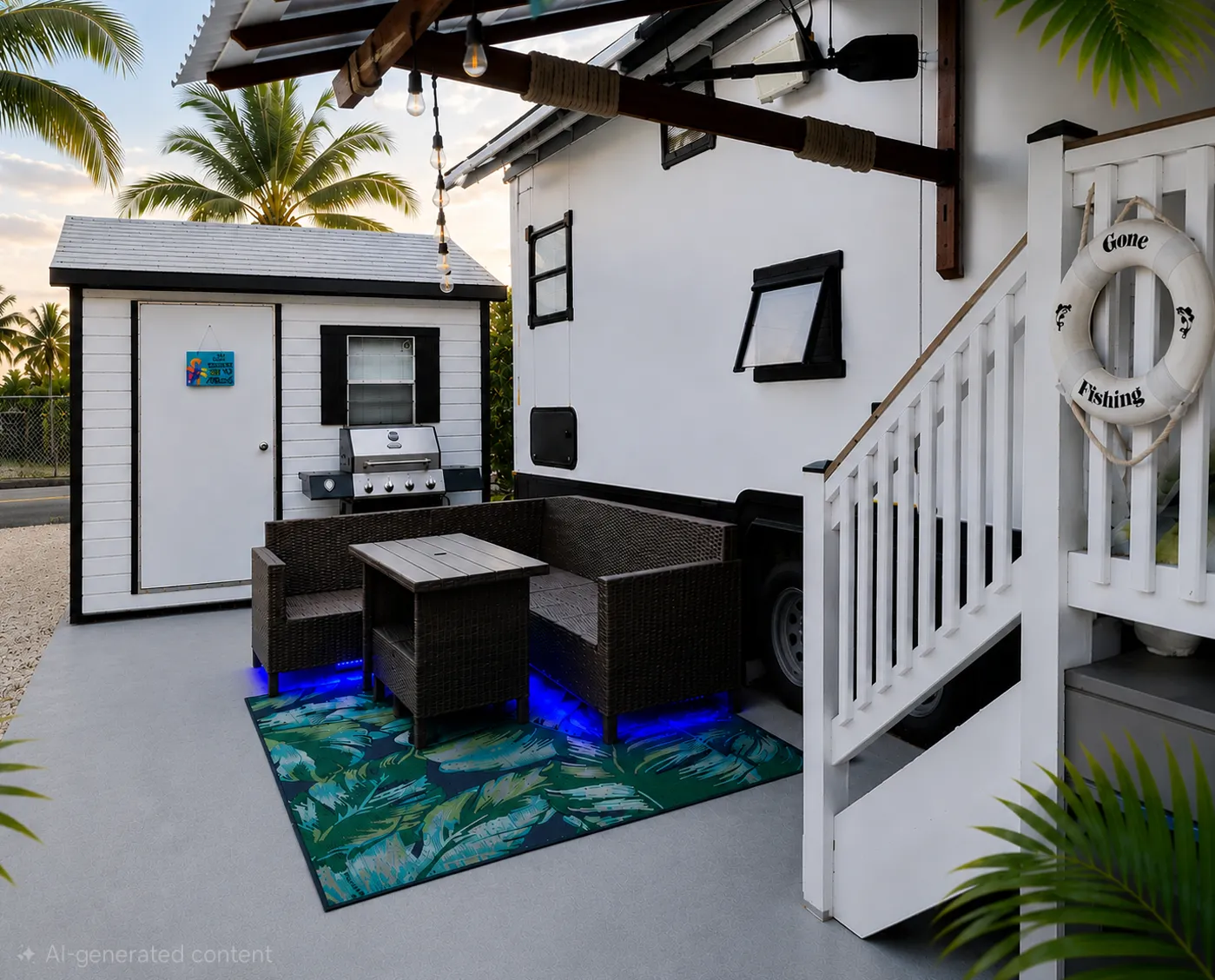 The real 88 & Sunny rental exterior and covered outdoor gathering area